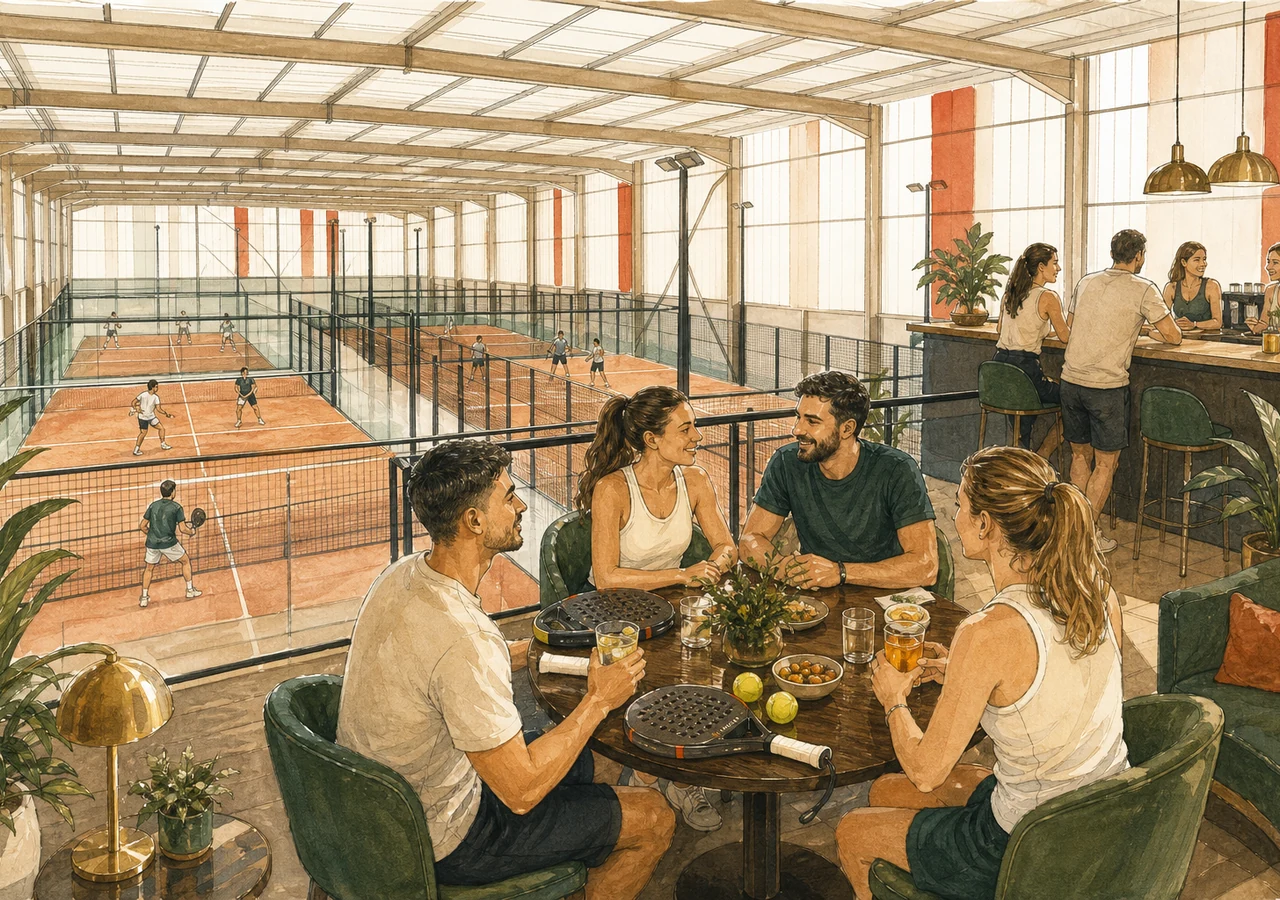 Illustration du lieu de vie convivial du Royal Padel Club avec mezzanine, club-house et terrains de padel