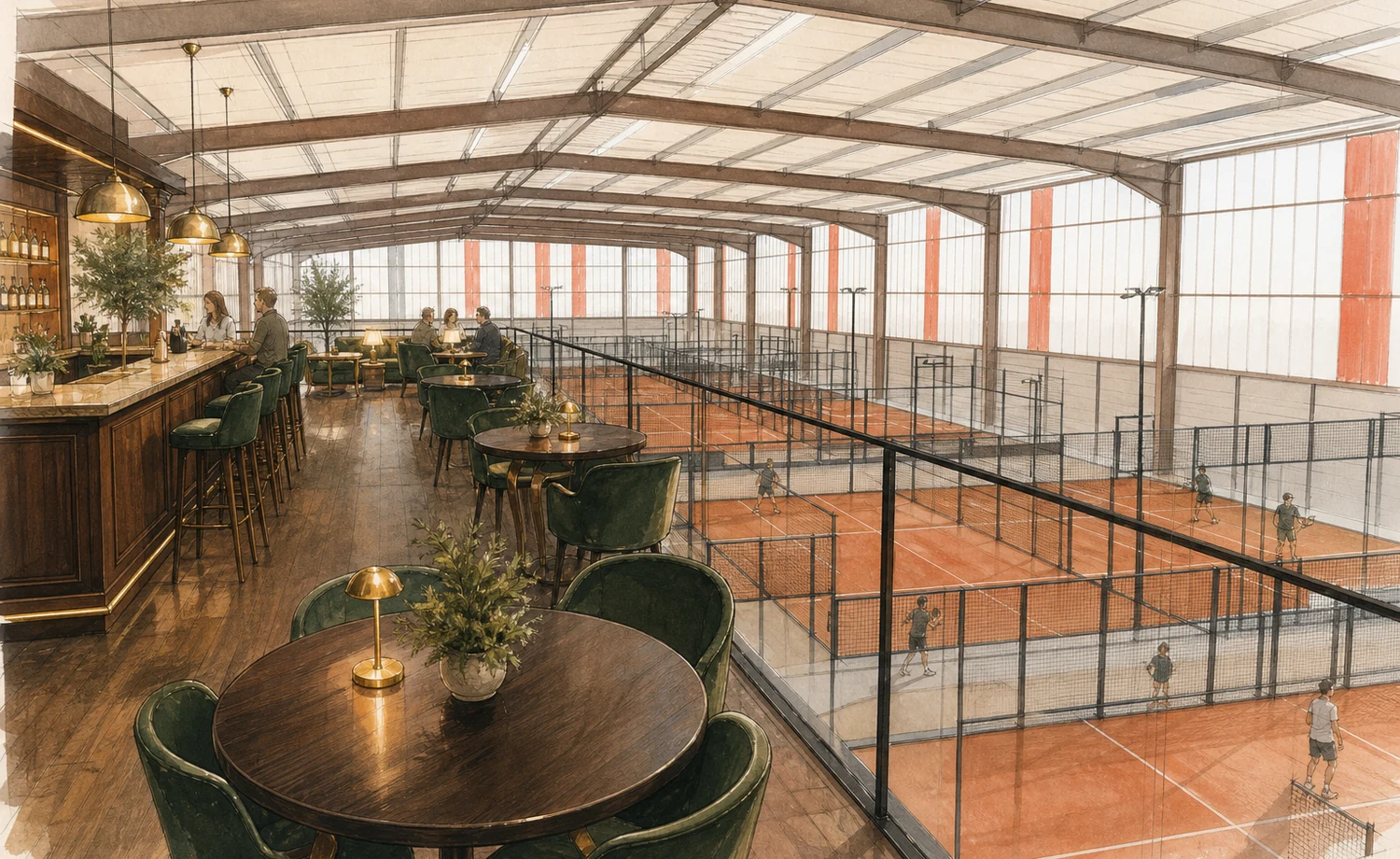 Illustration de l'univers Premium et chaleureux du Royal Padel Club en mezzanine au-dessus des terrains
